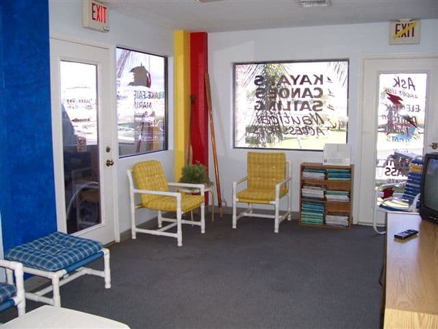 Well-stocked ship store interior with organized marine products