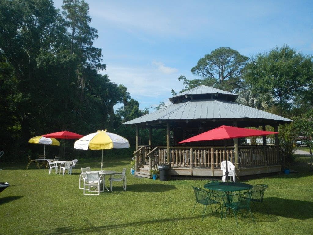 Tiki Hut Gazebo at Lake Fairview with waterfront views at golden hour